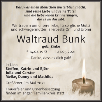 Traueranzeige von Waltraud Bunk von Trauerkombi Mansfelder Land