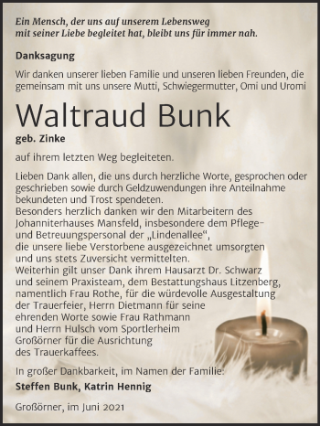 Traueranzeige von Waltraud Bunk von Trauerkombi Mansfelder Land