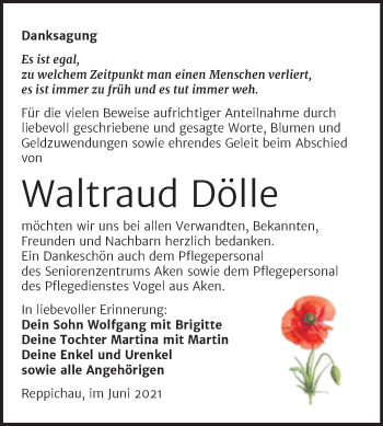 Traueranzeige von Waltraud Dölle von Trauerkombi Köthen