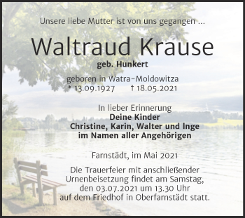 Traueranzeige von Waltraud Krause von Trauerkombi Merseburg