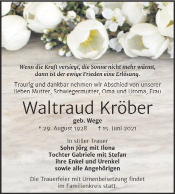 Traueranzeige von Waltraud Kröber von Trauerkombi Zeitz