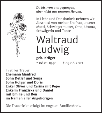 Traueranzeige von Waltraud Ludwig von Trauerkombi Bernburg