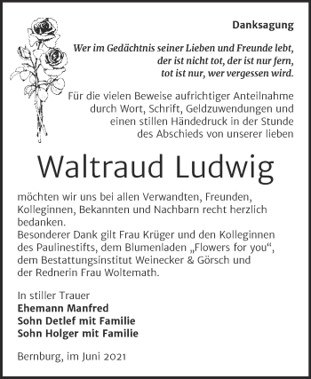 Traueranzeige von Waltraud Ludwig von Trauerkombi Bernburg