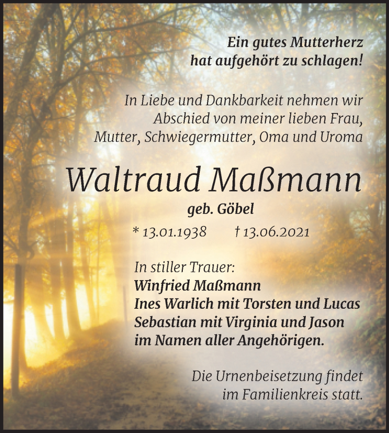  Traueranzeige für Waltraud Maßmann vom 26.06.2021 aus Trauerkombi Merseburg