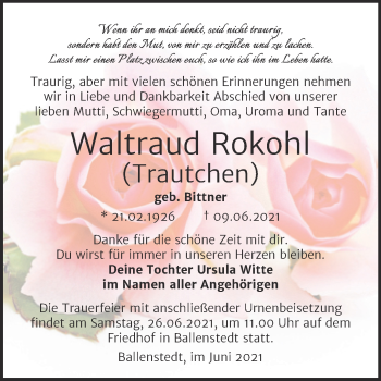 Traueranzeige von Waltraud Rokohl von Trauerkombi Quedlinburg