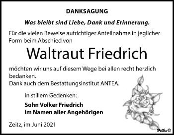 Traueranzeige von Waltraut Friedrich von Trauerkombi Zeitz