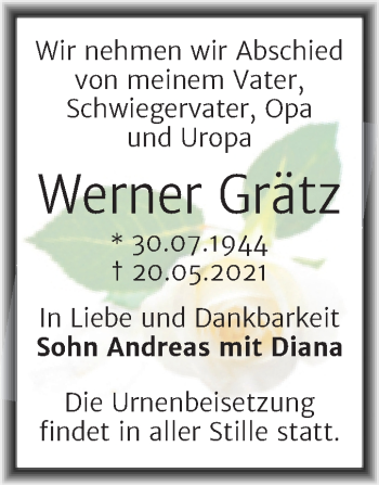 Traueranzeige von Werner Grätz von Trauerkombi Aschersleben