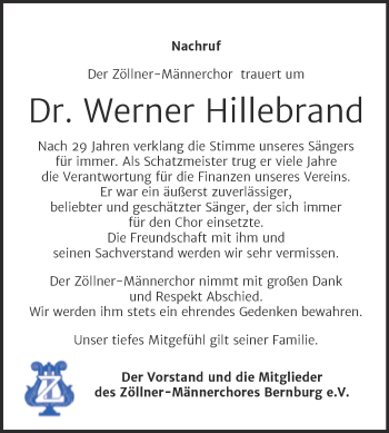 Traueranzeige von Werner Hillebrand von Super Sonntag Bernburg