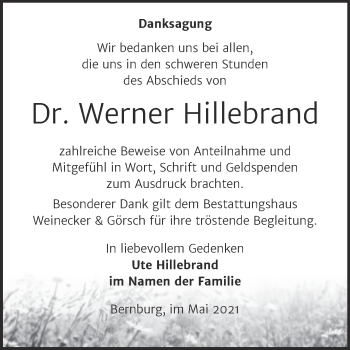 Traueranzeige von Werner Hillebrand von Trauerkombi Bernburg