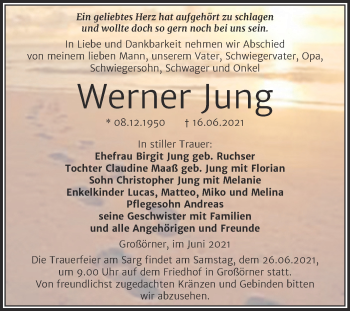 Traueranzeige von Werner Jung von Mitteldeutsche Zeitung Mansfelder Land