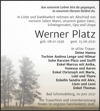 Traueranzeige von Werner Platz von Trauerkombi Wittenberg