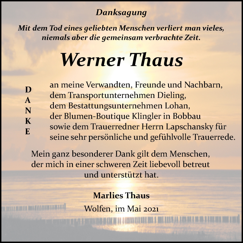  Traueranzeige für Werner Thaus vom 02.06.2021 aus Trauerkombi Bitterfeld