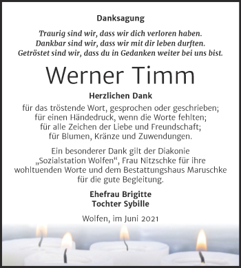 Traueranzeige von Werner Timm von Trauerkombi Bitterfeld