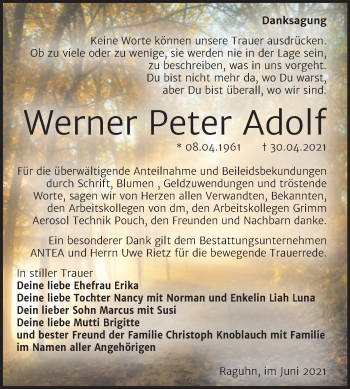 Traueranzeige von Werner Peter Adolf von Trauerkombi Bitterfeld