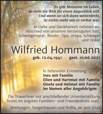 Traueranzeige von Wilfried Hommann von Trauerkombi Sangerhausen