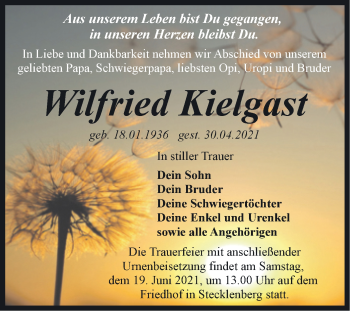 Traueranzeige von Wilfried Kielgaast von Trauerkombi Quedlinburg