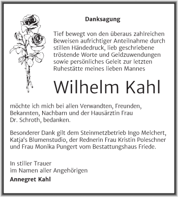 Traueranzeige von Wilhelm Kahl von Trauerkombi Wittenberg
