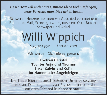 Traueranzeige von Willi Wippich von Trauerkombi Bernburg