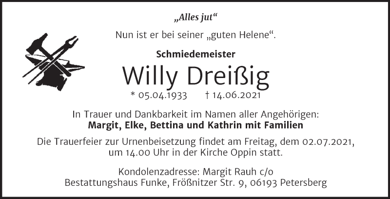  Traueranzeige für Willy Dreißig vom 26.06.2021 aus Mitteldeutsche Zeitung Halle/Saalkreis