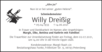 Traueranzeige von Willy Dreißig von Trauerkombi Bitterfeld