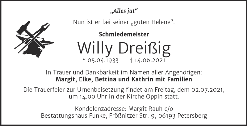  Traueranzeige für Willy Dreißig vom 19.06.2021 aus Trauerkombi Bitterfeld