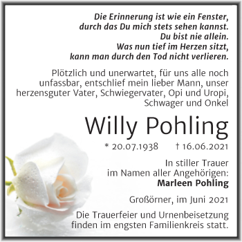 Traueranzeige von Willy Pohling von Trauerkombi Mansfelder Land