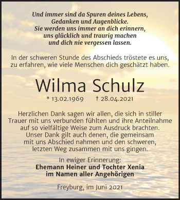 Traueranzeige von Wilma Schulz von Trauerkombi Merseburg