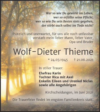 Traueranzeige von Wolf-Dieter Thieme von Wochenspiegel Naumburg/Nebra