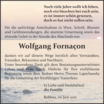 Traueranzeige von Wolfgang Fornaçon von Trauerkombi Bitterfeld
