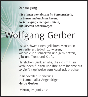 Traueranzeige von Wolfgang Gerber von Trauerkombi Wittenberg