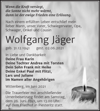 Traueranzeige von Wolfgang Jäger von Trauerkombi Wittenberg