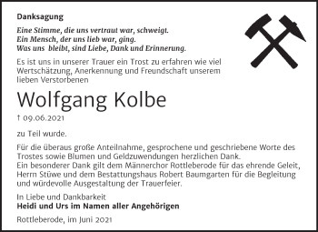 Traueranzeige von Wolfgang Kolbe von Trauerkombi Sangerhausen
