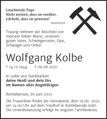 Traueranzeige von Wolfgang Kolbe von Trauerkombi Sangerhausen