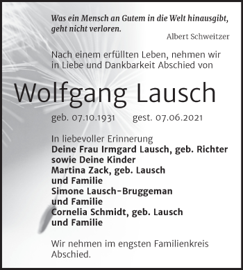 Traueranzeige von Wolfgang Lausch von Trauerkombi Weißenfels