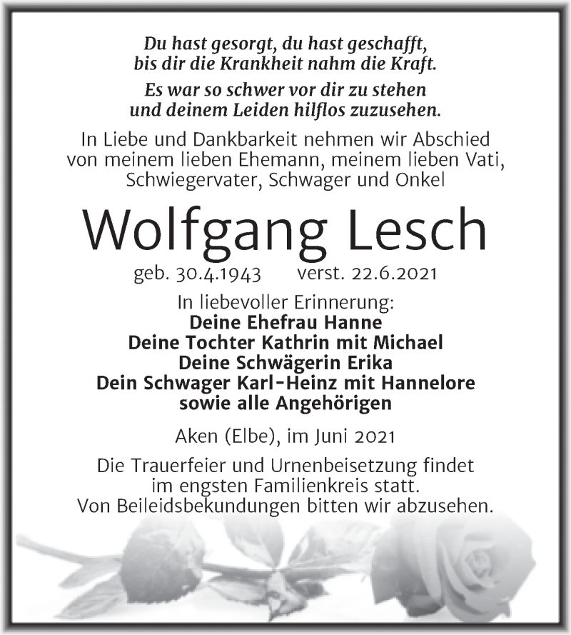  Traueranzeige für Wolfgang Lesch vom 25.06.2021 aus Trauerkombi Köthen