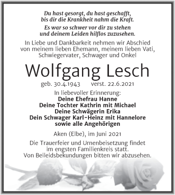 Traueranzeige von Wolfgang Lesch von Trauerkombi Köthen