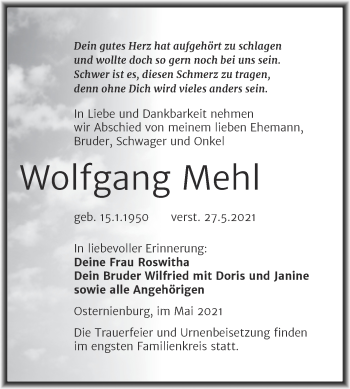 Traueranzeige von Wolfgang Mehl von Trauerkombi Köthen