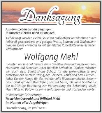 Traueranzeige von Wolfgang Mehl von Trauerkombi Köthen