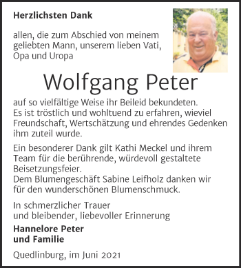 Traueranzeige von Wolfgang Peter von Trauerkombi Quedlinburg