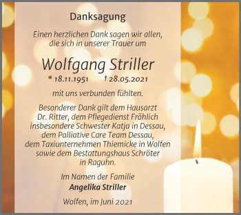Traueranzeige von Wolfgang Striller von Trauerkombi Bitterfeld