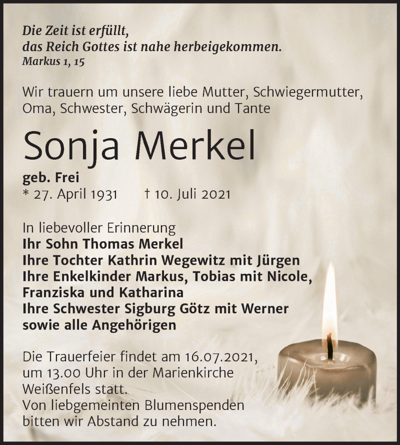  Traueranzeige für Sonja Merkel vom 14.07.2021 aus Trauerkombi Weißenfels