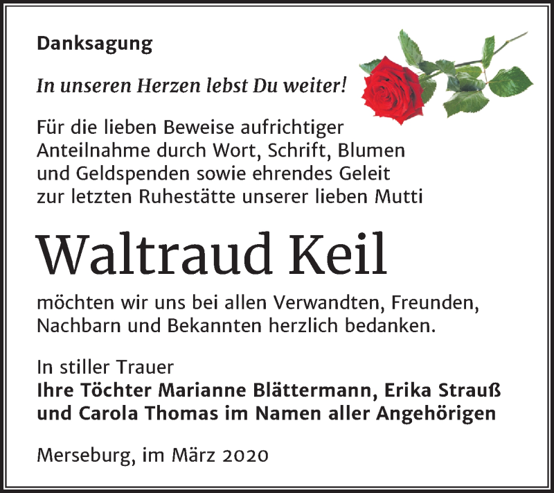  Traueranzeige für Waltraud Keil vom 14.03.2020 aus  SUPER SONNTAG MERSEBURG/QUERFURT