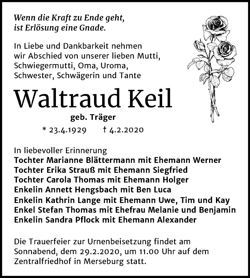  Traueranzeige für Waltraud Keil vom 15.02.2020 aus SUPER SONNTAG MERSEBURG/QUERFURT