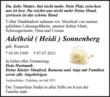 Traueranzeige von Adelheid Sonnenberg von Trauerkombi Aschersleben