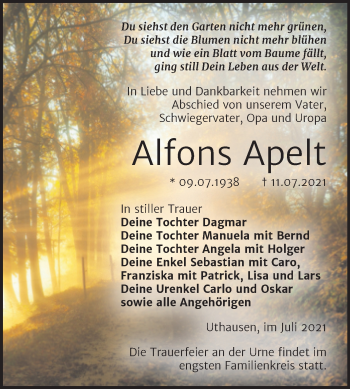 Traueranzeige von Alfons Apelt von Trauerkombi Wittenberg