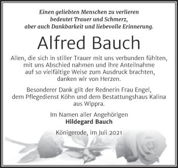 Traueranzeige von Alfred Bauch von Trauerkombi Quedlinburg