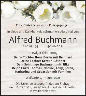 Traueranzeige von Alfred Buchmann von Trauerkombi Sangerhausen