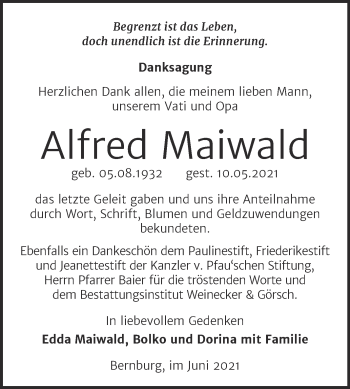 Traueranzeige von Alfred Maiwald von Trauerkombi Bernburg