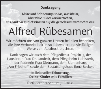Traueranzeige von Alfred Rübesamen von Trauerkombi Sangerhausen
