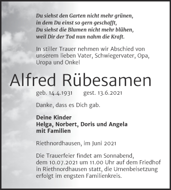Traueranzeige von Alfred Rübesamen von Trauerkombi Sangerhausen